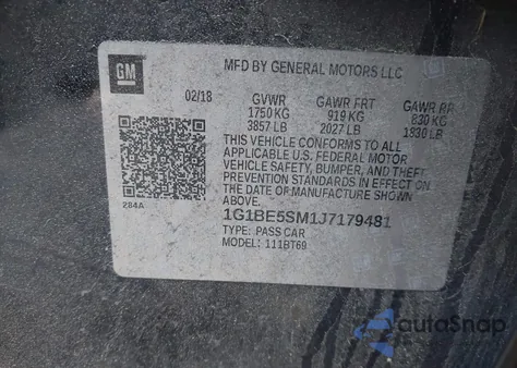 2018 Chevrolet Cruze Lt Auto z USA, uszkodzony, nr VIN 1G1BE5SM1J7179481